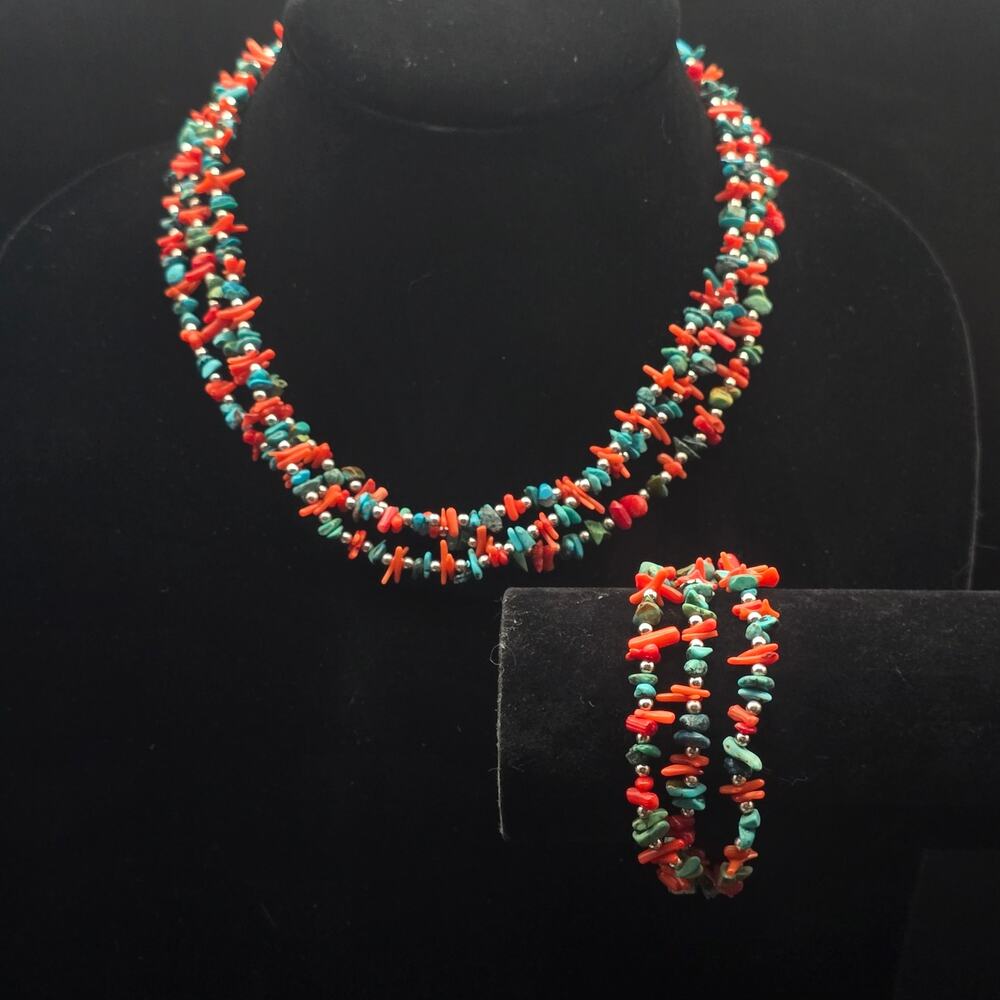 Carolyn Pollack Relios Red Coral Turquoise Necklace Bracelet Set Layered